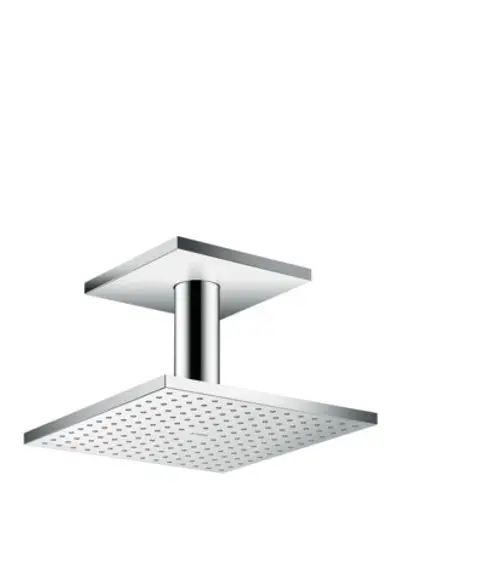 Deckenmontierte Kopfbrause aus Chrom mit quadratischer Form und perforierter Oberfläche. Produkt von AXOR.
